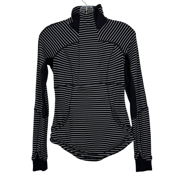 LULULEMON Black White Stripe Base Runner 1/2 Zip Rulu Active Pullover Top Size 4 - Picture 2 of 15
